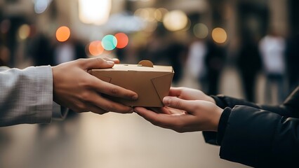 Close-up of hands exchanging a takeout food container, symbolizing delivery and convenience