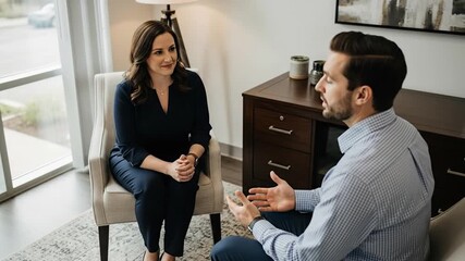 Therapist and client discussing mental health in a professional office setting.