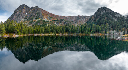 Mountain Reflections in a Serene Lake Surrounded by Pine Trees
