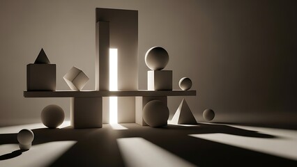Conceptual still life featuring geometric solids in a balanced arrangement, illuminated by a striking light source that defines form and depth through dramatic shadows