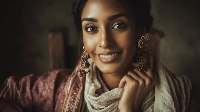 A woman wearing a red and white dress and scarf sits on a chair. Indian woman wearing elegant traditional fabric textures, muted color palette, refined editorial photography, diversity culture people