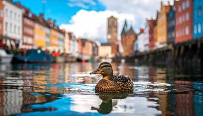 Duck swimming in canal with colorful buildings in the background, a beautiful cityscape.