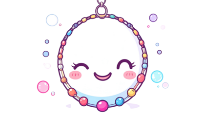 Cartoon circular smiling face with a bead necklace, surrounded by colorful sparkles