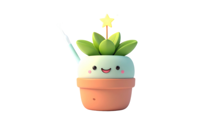 Cute cartoon plant in a pot with star and antenna, happy expression