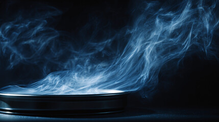 Mysterious swirling blue smoke emanating from a metal container, creating a captivating visual effect