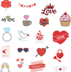 A collection of colorful vector illustrations and icons celebrating love, romance, and Valentine's Day, featuring hearts, crowns, rings, doves, and festive banners.