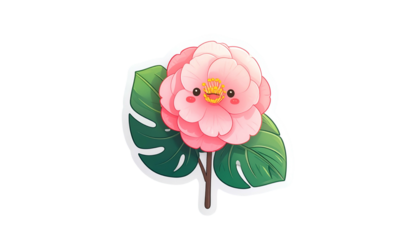 Cute cartoon flower with pink petals, green leaves, and happy face on black
