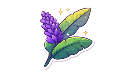 Stylized purple flower and green leaves with sparkle effects against a black background