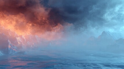 Dramatic fire and ice landscape with fog and godrays, 3d illustration of fiery flames and icy mist in a mystical atmospheric setting