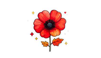 A vibrant red flower with dark center, green stem, and autumn leaves, against black