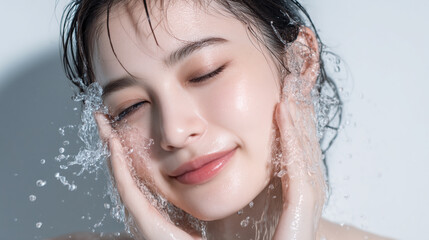 洗顔する美しい女性の美肌と清潔感。美容・コスメ・スキンケア広告用写真