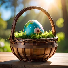 Easter Basket with a Decorated Egg, Green Grass, and a Sunny Background.