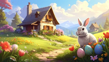 Easter Bunny and Eggs in a Beautiful Spring Landscape with a Cozy Cottage.