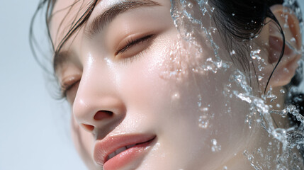 洗顔する美しい女性の美肌と清潔感。美容・コスメ・スキンケア広告用写真