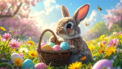 Easter Bunny in a Meadow - A Colorful Springtime Celebration with Eggs and Flowers.