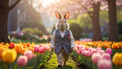 Easter Bunny in a Suit Walking Through a Field of Colorful Tulips.