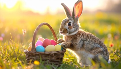 Easter Bunny with Basket of Colorful Eggs in a Sunny Field.