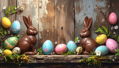 Easter Chocolate Bunnies and Colorful Eggs Displayed on a Rustic Wooden Shelf for Holiday Celebration.