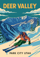 Deer Valley Ski Resort Poster, Vintage USA Winter Travel Illustration