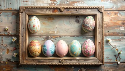Easter Egg Display - A Rustic Wooden Frame Showcasing Colorful Decorated Eggs for the Holiday.