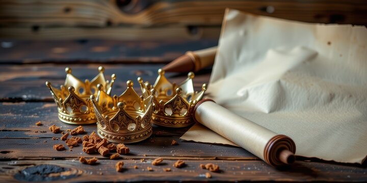 Royal crowns and parchment on a wooden surface create a regal ambiance.