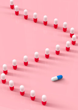 Many Red and White Capsules on Pink Background, CGI Render
