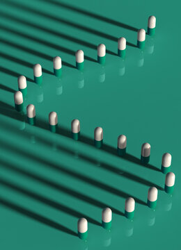 Many Blue and White Capsules on Teal Colored Background, CGI Render