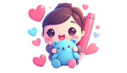 A charming chibi figure holds a bear, surrounded by hearts and a large pen, on black