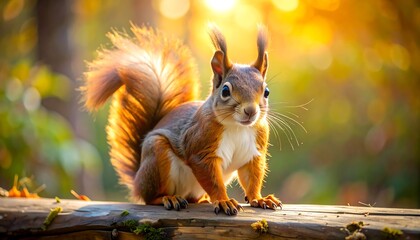 A fluffy, reddish-brown rodent with a large tail perches on a weathered wooden surface, bathed in warm sunlight
