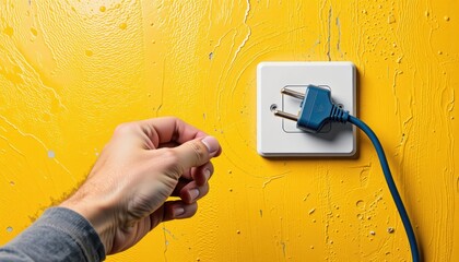 Hand reaching for a blue electrical plug on a yellow wall socket.