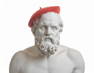 Museum style marble bust of philosopher Socrates with red beret