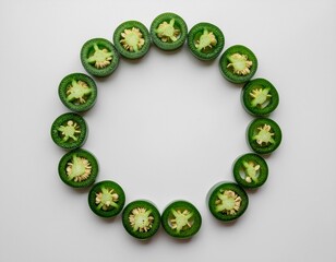Overhead shot of sliced green jalape&ntilde;o peppers arranged in a circle