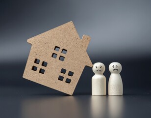 Small wooden house leaning sideways beside worried figurines