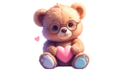 A cute, light brown teddy bear with glasses and a pink heart
