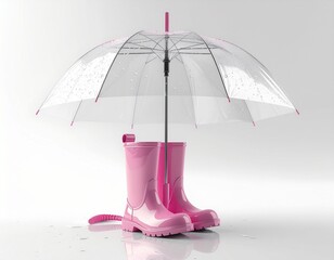 Transparent umbrella and pink rain boots on white background