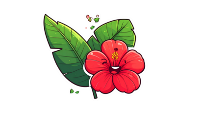 Smiling cartoon hibiscus flower with leaves, sticker-style, on a black background