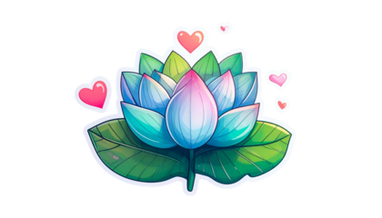 A watercolor-style lotus flower, teal and pink, with hearts, on a black background