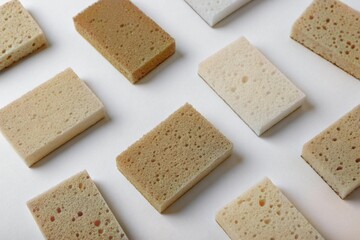 Assorted Kitchen Sponges on White Background for Cleaning Supplies