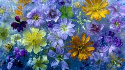 Seamless artistic floral wallpaper with colorful field flowers frozen in ice, featuring daisy, buttercup, clover, lavender, and geranium, creating a delicate nature-inspired pattern for backgrounds an