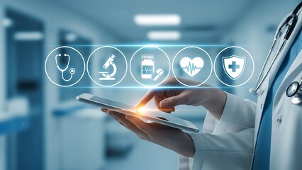 Doctor using tablet with healthcare icons in modern medical facility technology