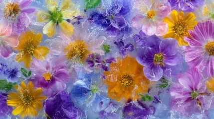 Seamless artistic floral wallpaper with colorful field flowers frozen in ice, featuring daisy, buttercup, clover, lavender, and geranium, creating a delicate nature-inspired pattern for backgrounds an