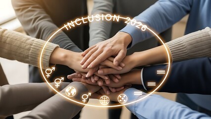 Diverse Group of People Stacking Hands with Inclusion 2026 and Diversity Icons teamwork