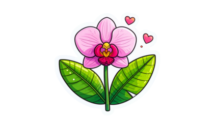 Colorful cartoon orchid with pink petals, green leaves, and two heart accents