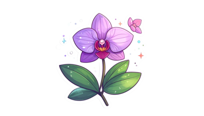 Stylized purple orchid illustration, blooming with leaves, sparkle effects