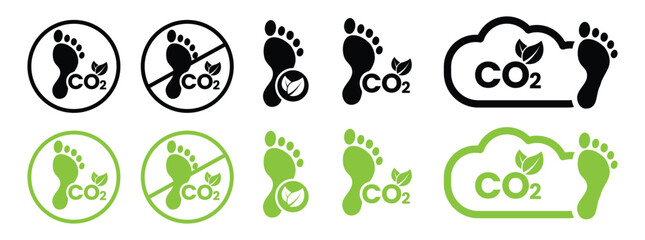Carbon Footprint Reduction Icons- Net Zero CO2 Emission & Eco-Friendly Sustainability Symbols