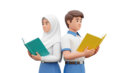 3D Students Reading Books