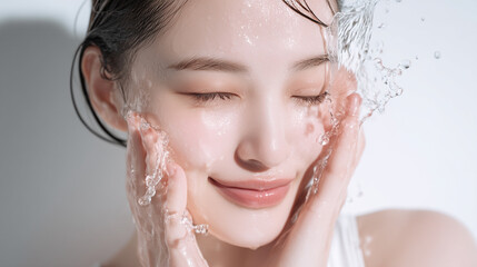 洗顔する美しい女性の美肌と清潔感。美容・コスメ・スキンケア広告用写真