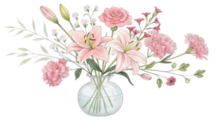 Hand Drawn Pink Floral Bouquet Line Art Illustration