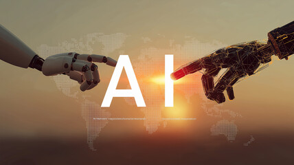 A human and robot's fingers touch, symbolizing the blend of humanity and technology Generative AI