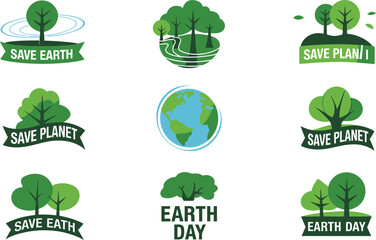 Nine green environmental logos and icons promote saving the Earth and protecting the planet